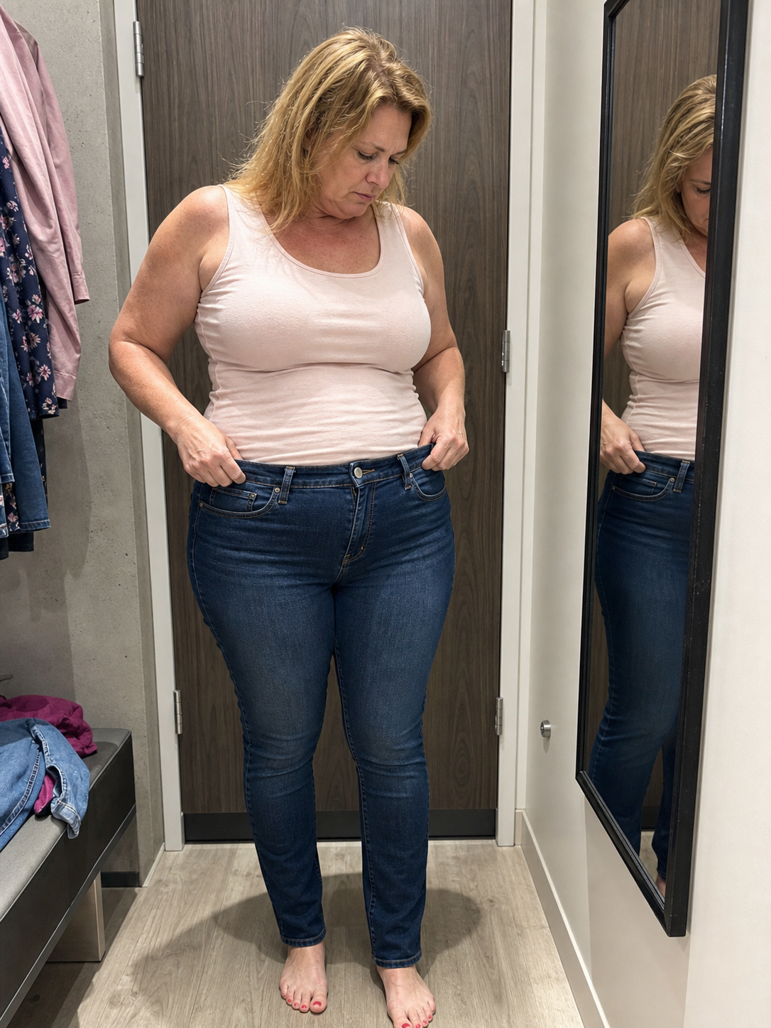 Plus-size woman in a fitting room struggling with tight jeans