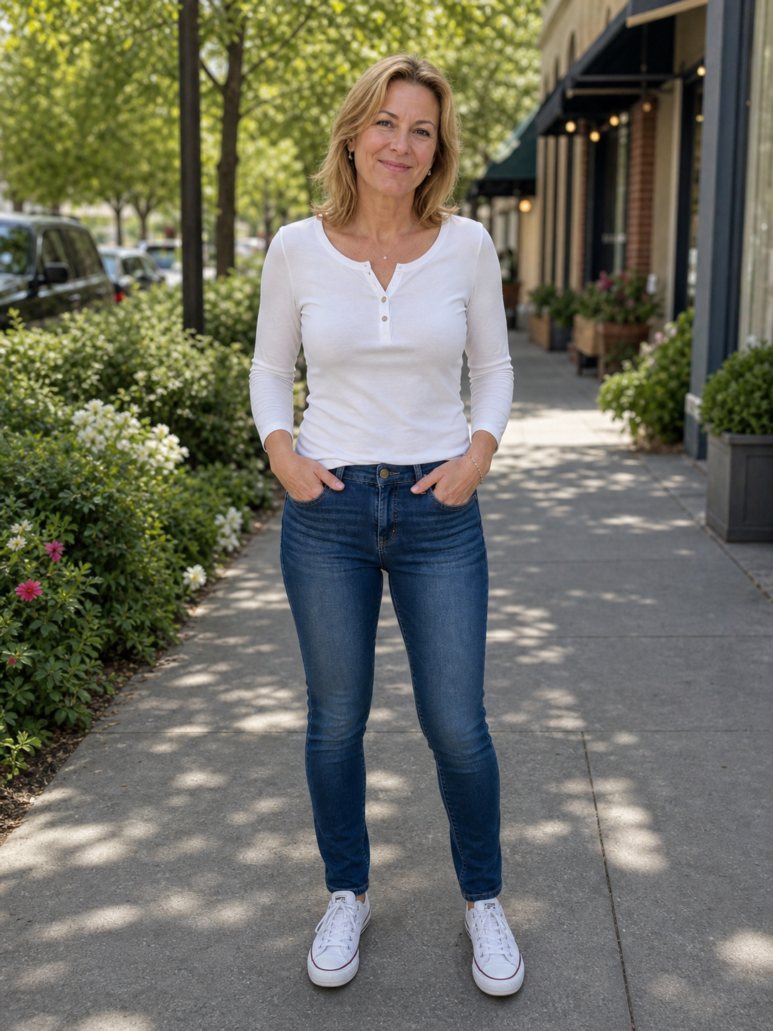 The same woman after losing weight, standing outdoors in jeans